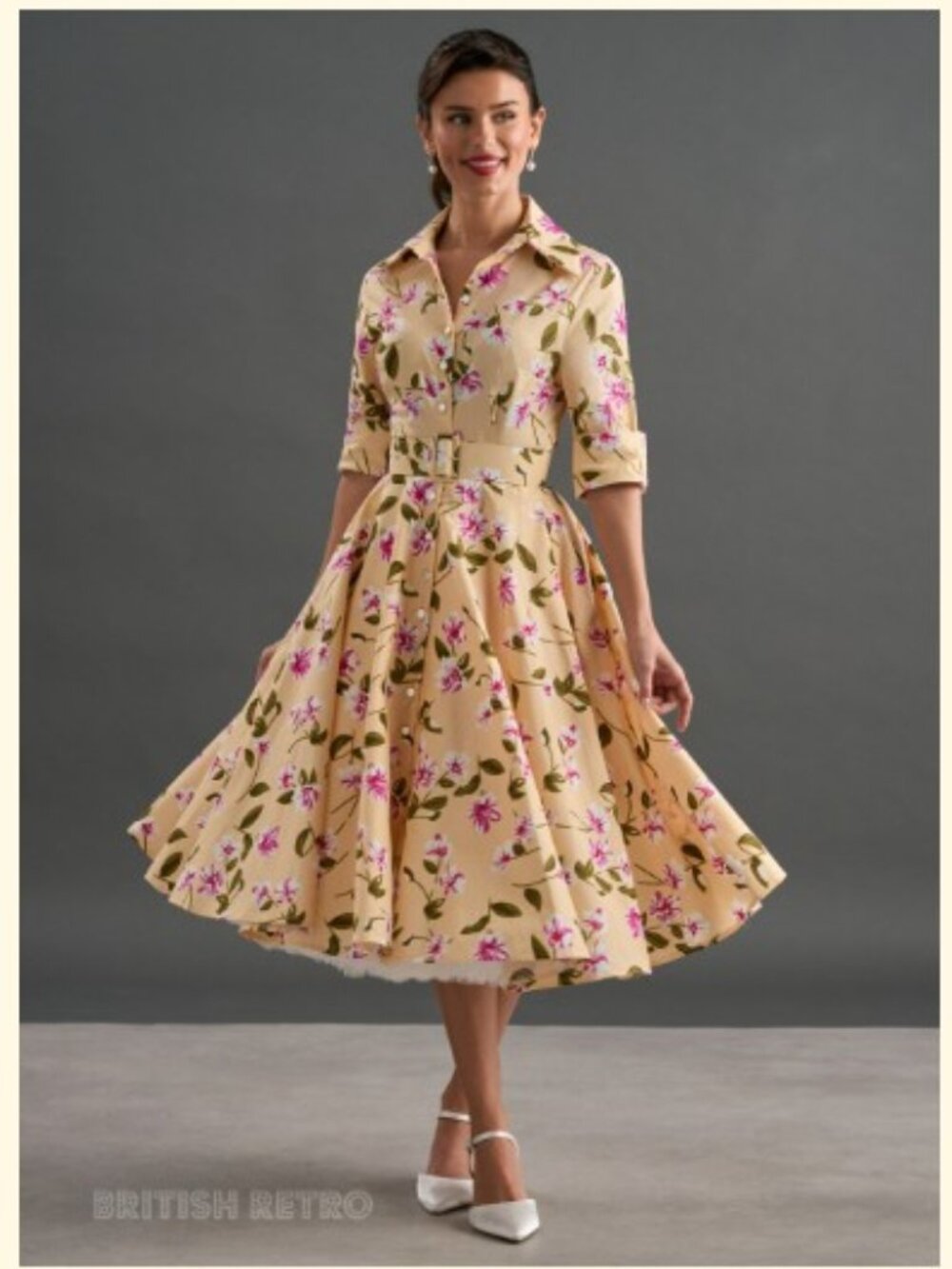 NWT British Retro 'Way Out West' Dress with Belt in Honey Blossom UK 8